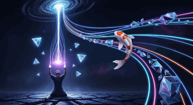 Cosmic Energy Flow: Koi Fish, Crystals, and Abstract Portal