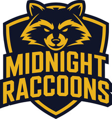 Midnight Raccoons Esports Mascot Logo Illustration with Shield and Yellow Raccoon Head Graphic Vecto © MC Creative
