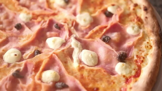 Pepperoni pizza close up spinning on table. High quality FullHD footage
