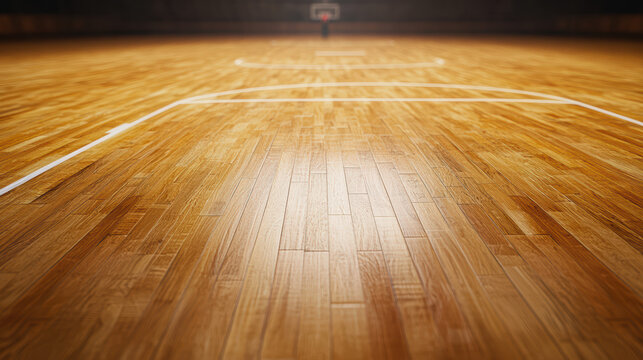 The polished hardwood floor of an indoor basketball court stretches into the distance beneath a blurred hoop casting a spotlight, offe sport's boundless potential.