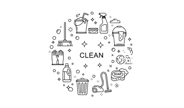 A minimalist vector graphic illustration of cleaning supplies in a circular design