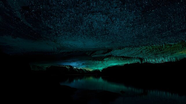Blue-green tiny lights on cave ceiling.