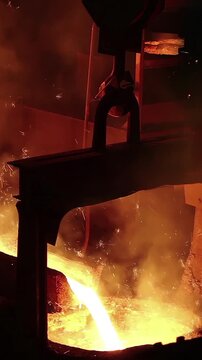 Liquid metal in the foundry, melting iron in furnace, steel mill. Smelting is a process of applying heat to ore in order to extract a base metal