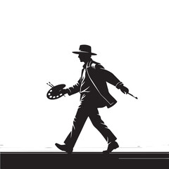 Obraz premium Silhouette Of Artist Walking With Paintbrush And Palette On White Background For Creative Concepts