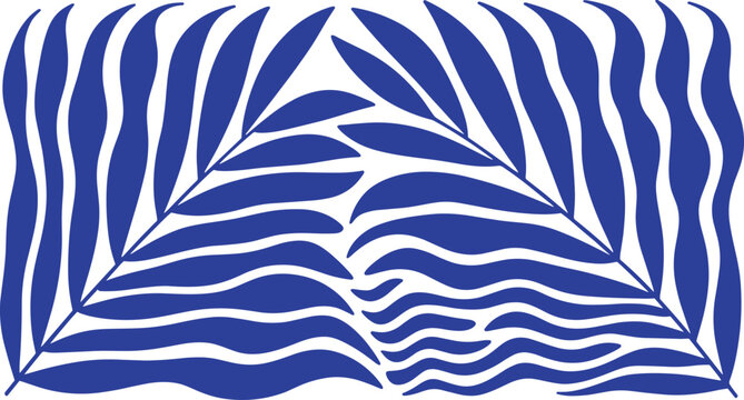 Abstract blue palm leaves and wavy lines pattern on white background vector illustration