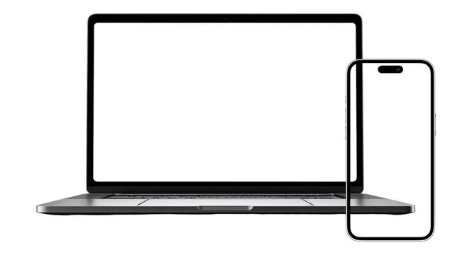 PARIS - France - September 19, 2025: Newly released Apple Macbook Air and Iphone 14, Silver color. Side view. 3d rendering laptop mockup on white background
