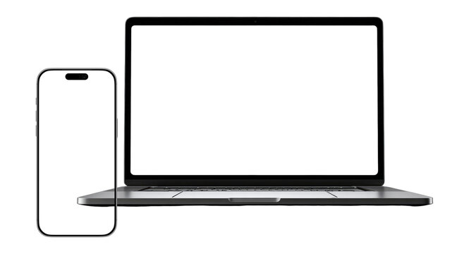 PARIS - France - September 19, 2025: Newly released Apple Macbook Air and Iphone 14, Silver color. Side view. 3d rendering laptop mockup on white background