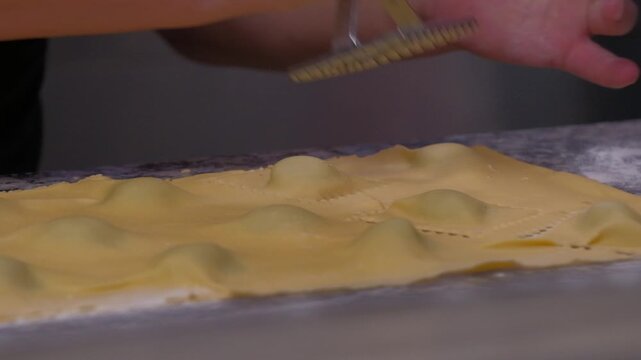 Hands Sculpting Italian Pasta With Flour, Skilled Chef Making Homemade Italian Pasta Using Fresh Ingredients, Preparing Traditional Italian Pasta Ravioli In Kitchen, Authentic Cooking Process