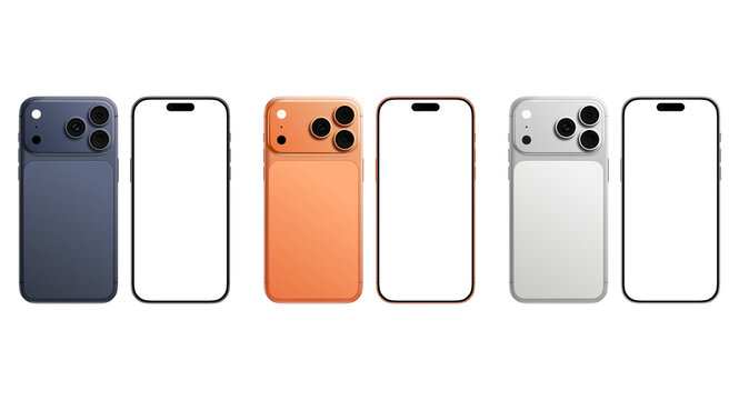Two floating modern smartphones set isolated on transparent background. Front and back views of mobile phones. Deep blue color, Silver colour, Orange colour