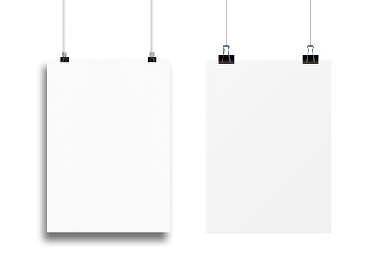 Blank white poster hanging up with clips mockup