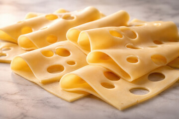 Folded Swiss Cheese Slices With Holes on Light Marble Surface