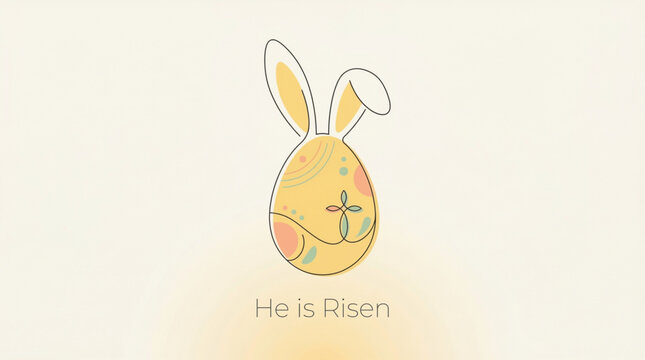 Easter Sunday Celebration - Decorated Egg with Bunny Ears and Cross Floral Motif Line Art
