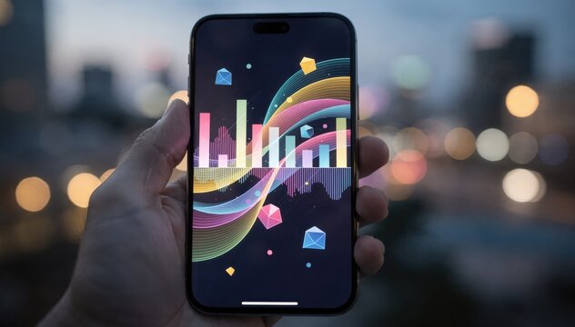 Medium shot of a mobile adaptive bitrate streaming player displaying dynamic quality indicators and fluctuating bandwidth stats against a blurred urban background.