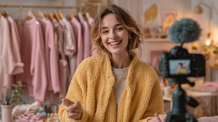 smiling female seller showing stylish clothes during live stream on social media creating engaging online shopping experience for customers in home retail business