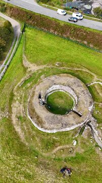 Detailed Drone Flyover of Carn Liath Broch Showing Drystone Construction and Circular Architecture, Ancient Pictish Fortification in Northern Scotland
