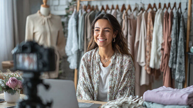 smiling female seller showing stylish clothes during live stream on social media creating engaging online shopping experience for customers in home retail business