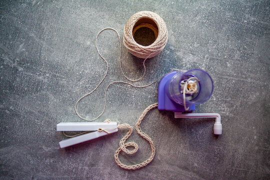 French knitting spool tool with yarn &ndash; knitting dolly for making cord