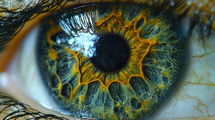 A mesmerizing close up reveals the intricate details of a human eye with a unique green, blue and golden colored iris, showcasing incredible texture and pattern.