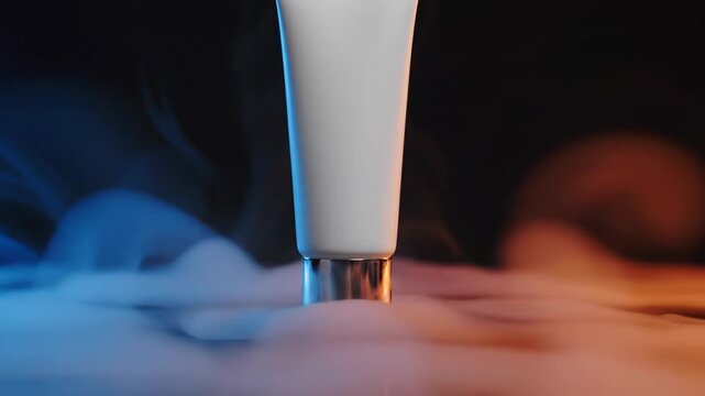 Close-up of a white tube with a silver cap surrounded by blue and orange smoke, showcasing beauty and cosmetic product.