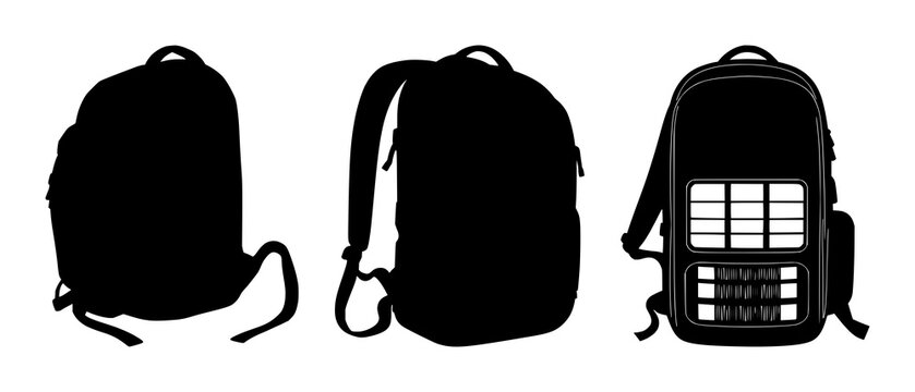 Smart backpack set with solid black silhouette and solar panels and integrated straps featuring high‑tech, nomadic tech lifestyle, white background with silhouette and straps
