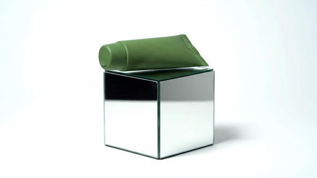 Green cosmetic tube on silver mirror cube against white background, copy space. Beauty concept, skin care, product presentation, studio shot.