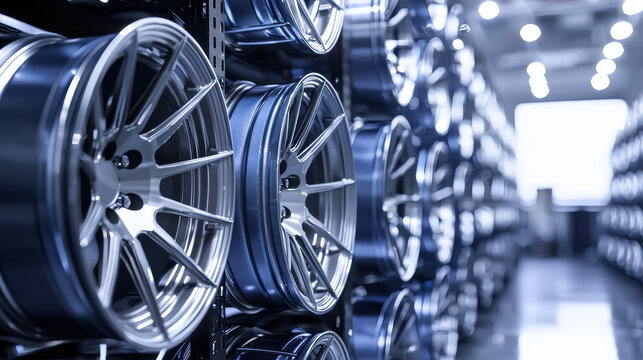 A large selection of shiny new chrome car rims is displayed on metal shelving inside of an auto parts warehouse awaiting installation and sale to customers.