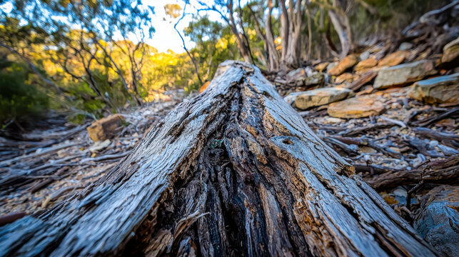 A weathered log lies along a rocky trail, its textured surface and triangular shape creating a unique perspective in a sun dd Australian bush landscape.