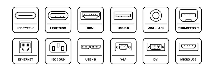 Fototapeta na wymiar Computer ports types, electronic device input cable cords. Vector realistic type c and mini USB, ethernet and HDMI, DisplayPort.