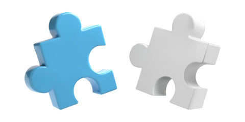 Obraz premium 3D blue and white puzzle, plastic piece vector icon. Isometric jigsaw project, community partnership in technology framework. Connect and think to build solution. Team skill successfully solve problem