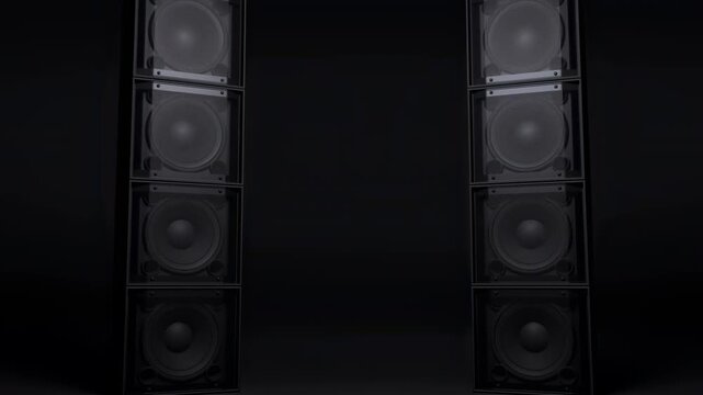 Sophisticated Black Speaker Stacks With Intense Bass And Cinematic Lighting For Live Shows