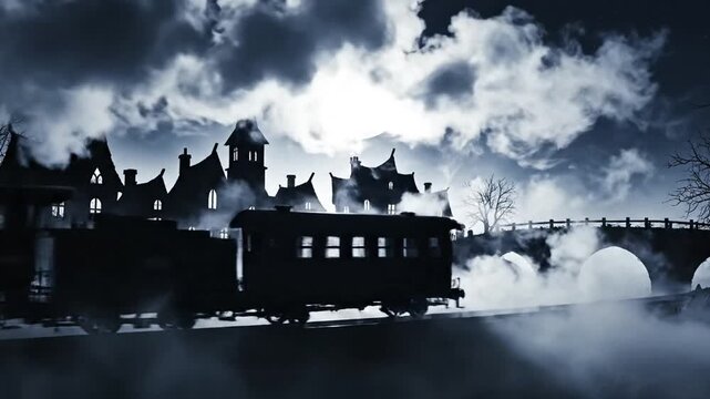 Haunted houses, train, graveyard in dense fog under full moon