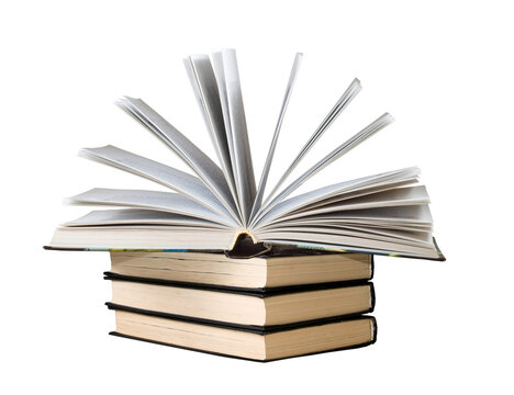Books are stacked with one open on top showing multiple pages turned isolated on transparent background, PNG file