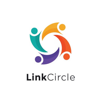 Abstract logo design featuring four stylized figures in a colorful rotating circle, representing teamwork, connection, and community.