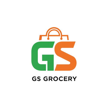 Modern GS Grocery logo design featuring initial letters G and S combined with a shopping bag icon in green and orange colors.