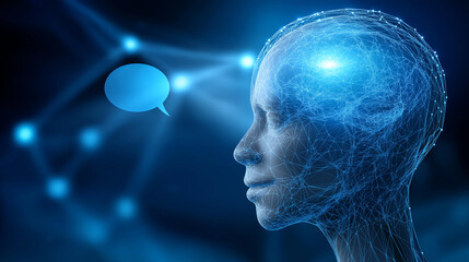 Obraz premium Glowing dotted humanoid head floating in a virtual network with chat bubble and brain icons, representing AI communication, digital mind concept, virtual network head, dotted AI