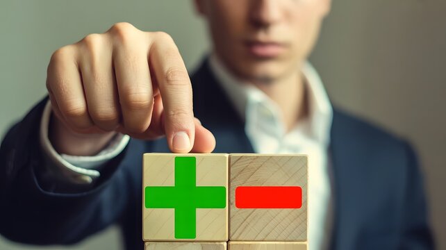 Wooden block show plus and minus symbols. The concept of opposites, decisions, and uncertainty. Positive or Negative Business Choices Analysis of advantages and disadvantages Comparison.