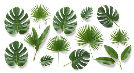 Fototapeta premium Assortment of diverse green tropical leaves isolated on white background