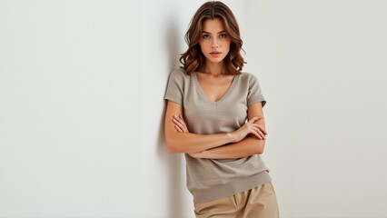 Obraz premium portrait young woman standing against plain white wall she wearing beige shirt beige pants her hair styled loose waves she looking directly camera serious expression her arms crossed front her chest