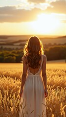 Naklejka premium young woman standing field tall golden wheat she wearing long white dress deep neckline thin straps her long blonde hair flowing wind cascades down her back sun setting background casting warm glow