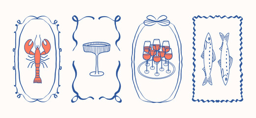 Naklejka premium Hand drawn wine posters set. Lobster, sardinie in whimsical frame. Cocktail, alcohol beverage. Wine tasting concept for restaurant menu, invitation for an event, festival, party.