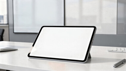 Modern digital tablet with a blank white screen mockup on a white office desk in a professional workspace environment