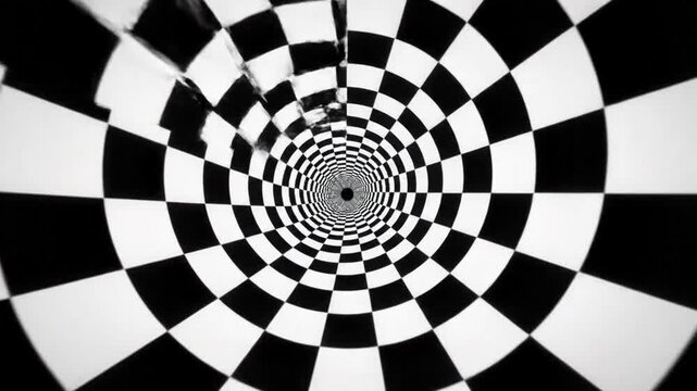 Hypnotic black and white checkerboard tunnel optical illusion abstract background