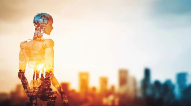 Artificial intelligence and a humanoid robot emerge within a future city as AI technology, robotics, human society, digital transformation, innovation, machine learning and automation shape tomorrow