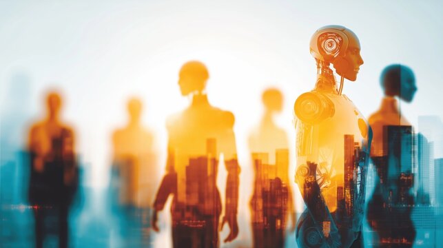 Artificial general intelligence and a humanoid robot represent AGI technology as superintelligence of machine cognition, AI agents, autonomous systems, recursive improvement and future robot society 