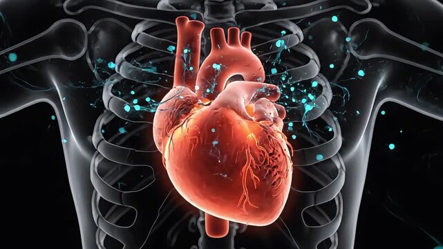 3D illustration of a human heart with glowing particles and rib cage, representing circulation and health
