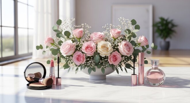 Elegant Makeup and Rose Arrangement on a White Table.