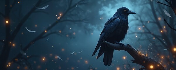 Fototapeta premium Black raven sits on branch, feathers float in misty night forest. Glowing lights create magical atmosphere. Dark trees, mystery, twilight scene.