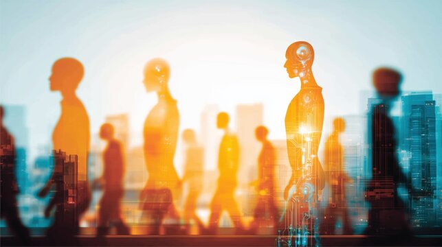 Artificial general intelligence and a humanoid robot represent AGI technology as superintelligence of machine cognition, AI agents, autonomous systems, recursive improvement and future robot society 