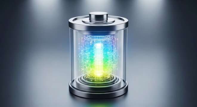 Futuristic Battery Concept with Glowing Energy Inside a Transparent Casing.