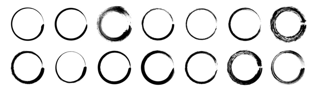 Japanese enso rings zen circle brush strokes vector set. Minimalist black ink handdrawn style oriental aesthetic elements. Grungy dry brush paint texture round frames for logo and background.